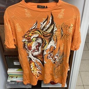 Y2K Christian Audigier Orange Tiger Graphic Tee